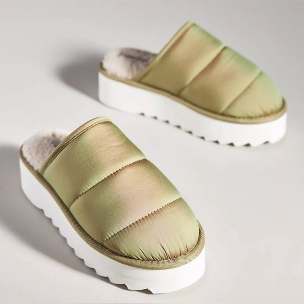 Anthropologie Maeve Green Puffy Platform Slippers